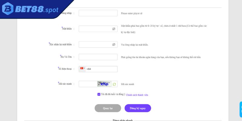 Đăng ký tài khoản tại Bet88