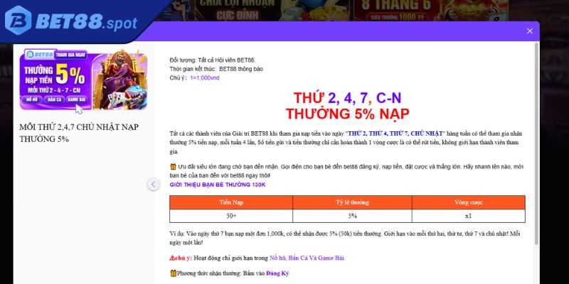 Nội dung ưu đãi thưởng nạp tiền 5% Bet88
